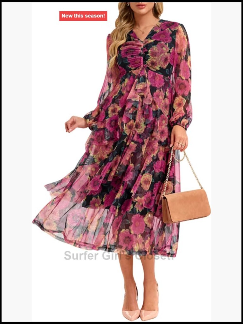 Ruffle V-Neck Mesh Midi Dress Tiered Ruched Puff Sleeve Cocktail